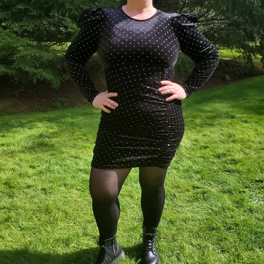 Betsey Johnson, Black Velvet Polka Dot Dress w/front rouching
